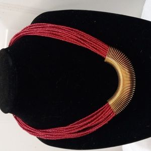 Red Gold Braided Seed Bead Tribal Neckless W/Gold Metal Accent